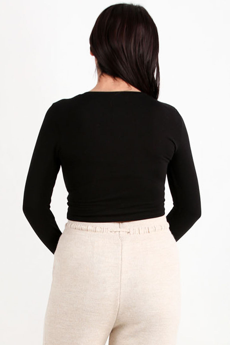 Kadın Bisiklet Yaka Uzun Kol Crop Bluz Siyah