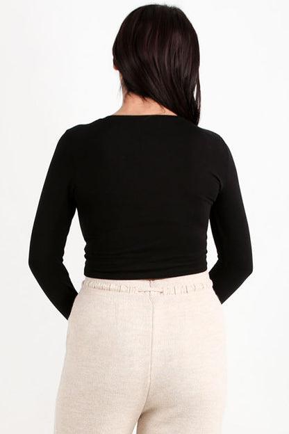 Kadın Bisiklet Yaka Uzun Kol Crop Bluz Siyah
