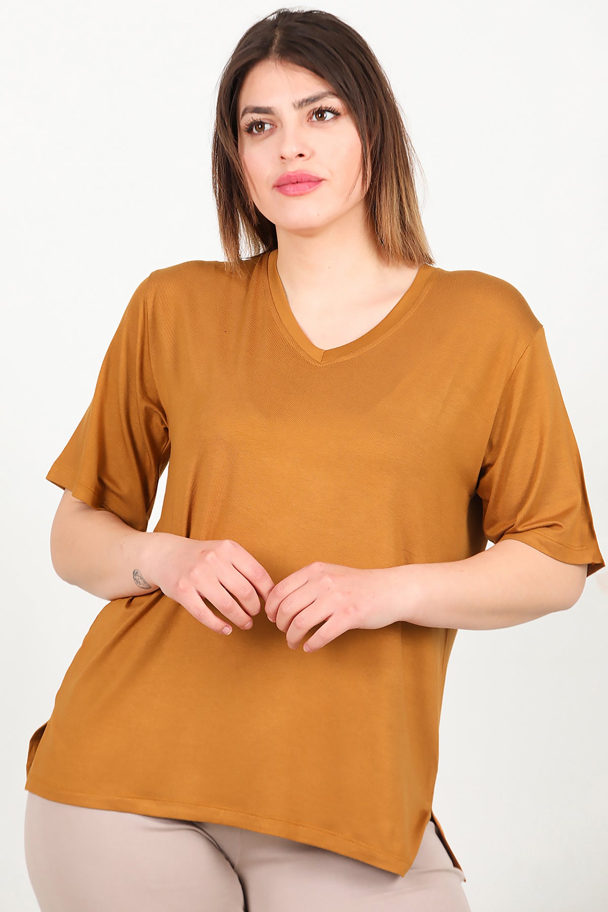 Büyük Beden Kısa Kol Bluz Taba