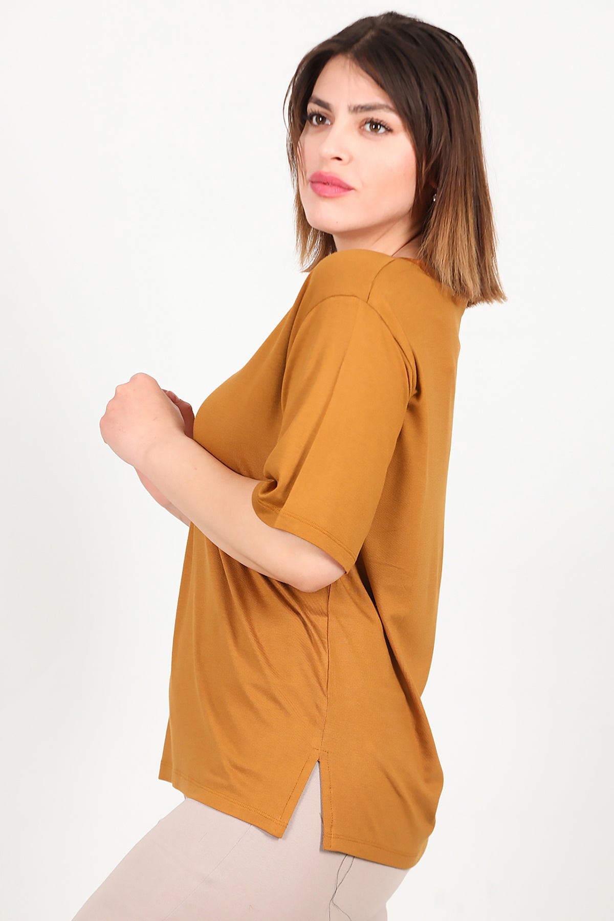 Büyük Beden Kısa Kol Bluz Taba
