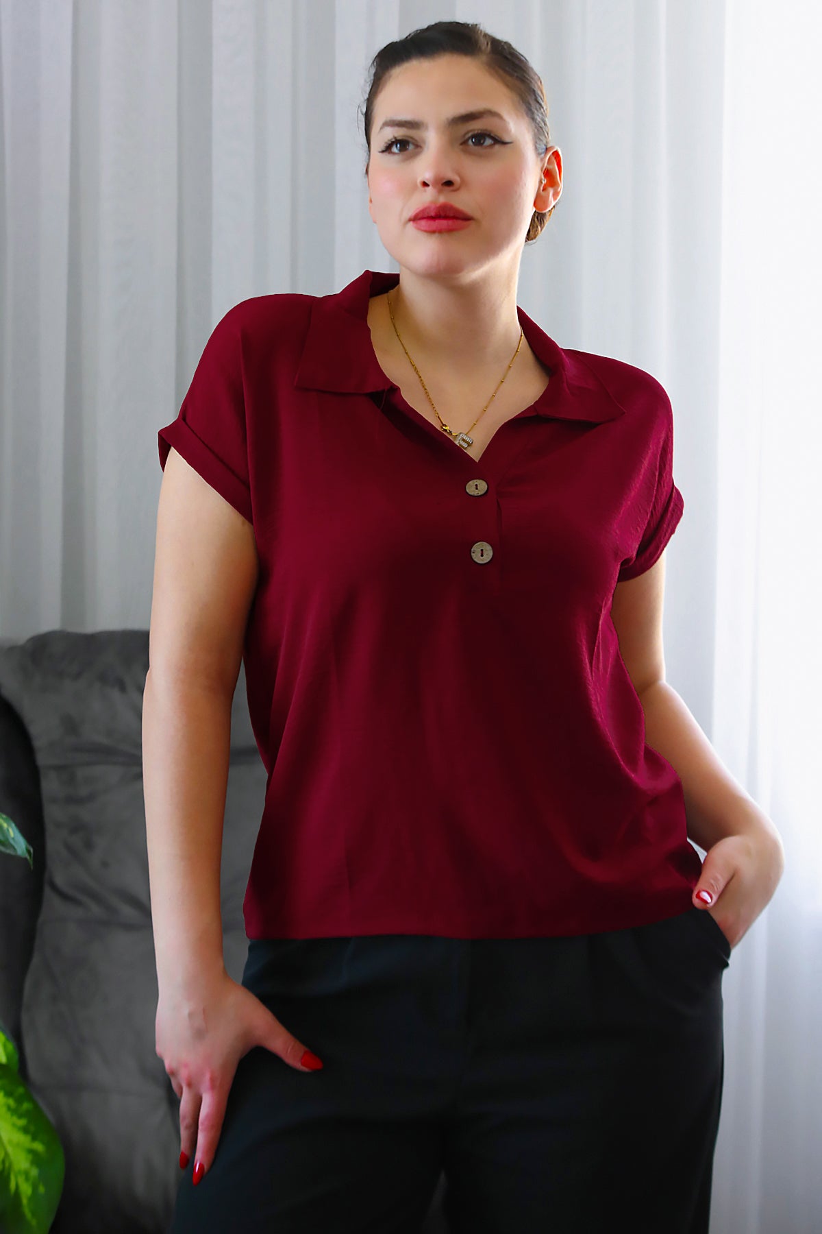 Büyük Beden Gömlek Yaka Bluz Bordo