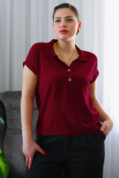 Büyük Beden Gömlek Yaka Bluz Bordo