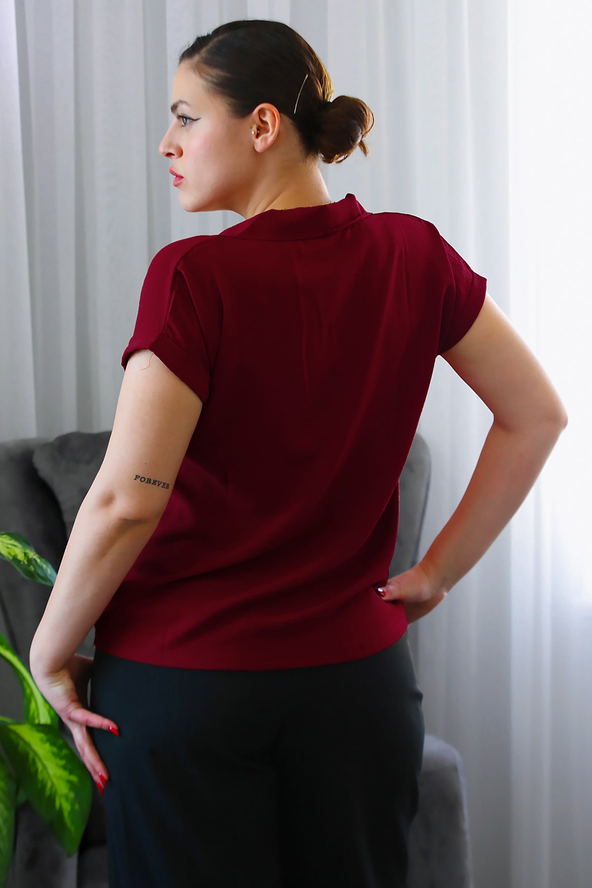 Büyük Beden Gömlek Yaka Bluz Bordo