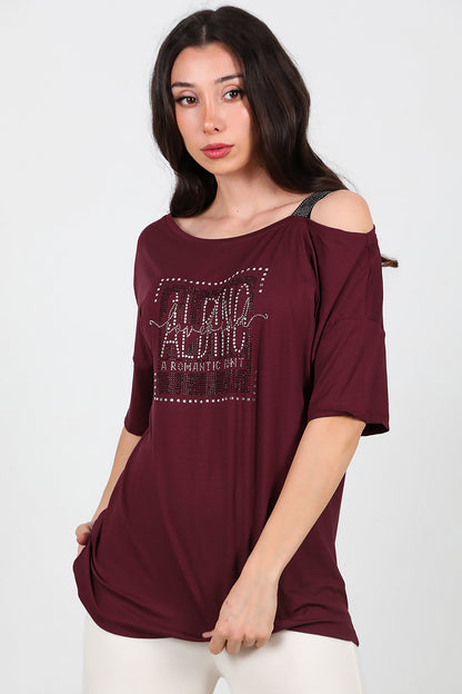Kadın Taşlı Bluz Bordo