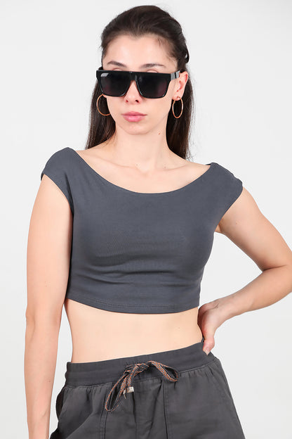 Kadın Kayık Yaka Crop Bluz Füme