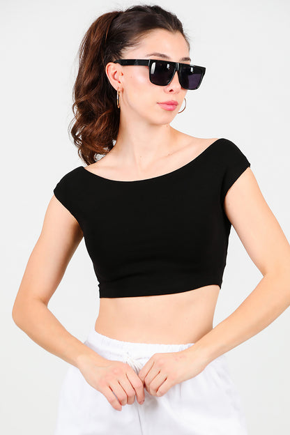 Kadın Kayık Yaka Crop Bluz Siyah