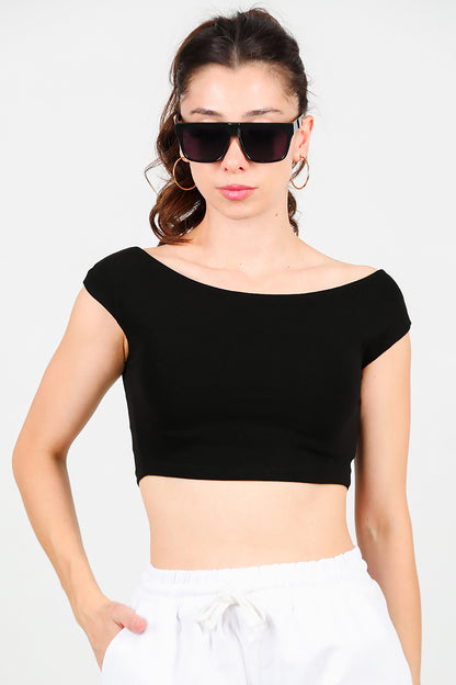 Kadın Kayık Yaka Crop Bluz Siyah