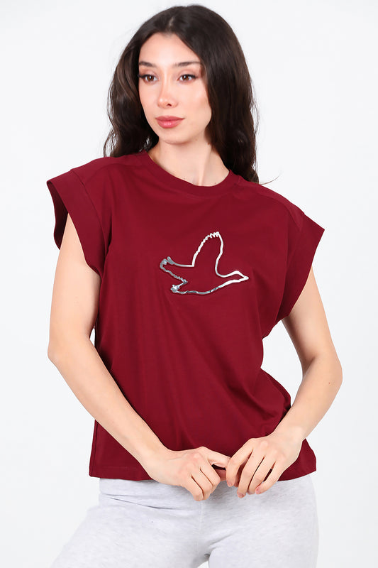 Kadın Baskılı Kolsuz Bluz Bordo