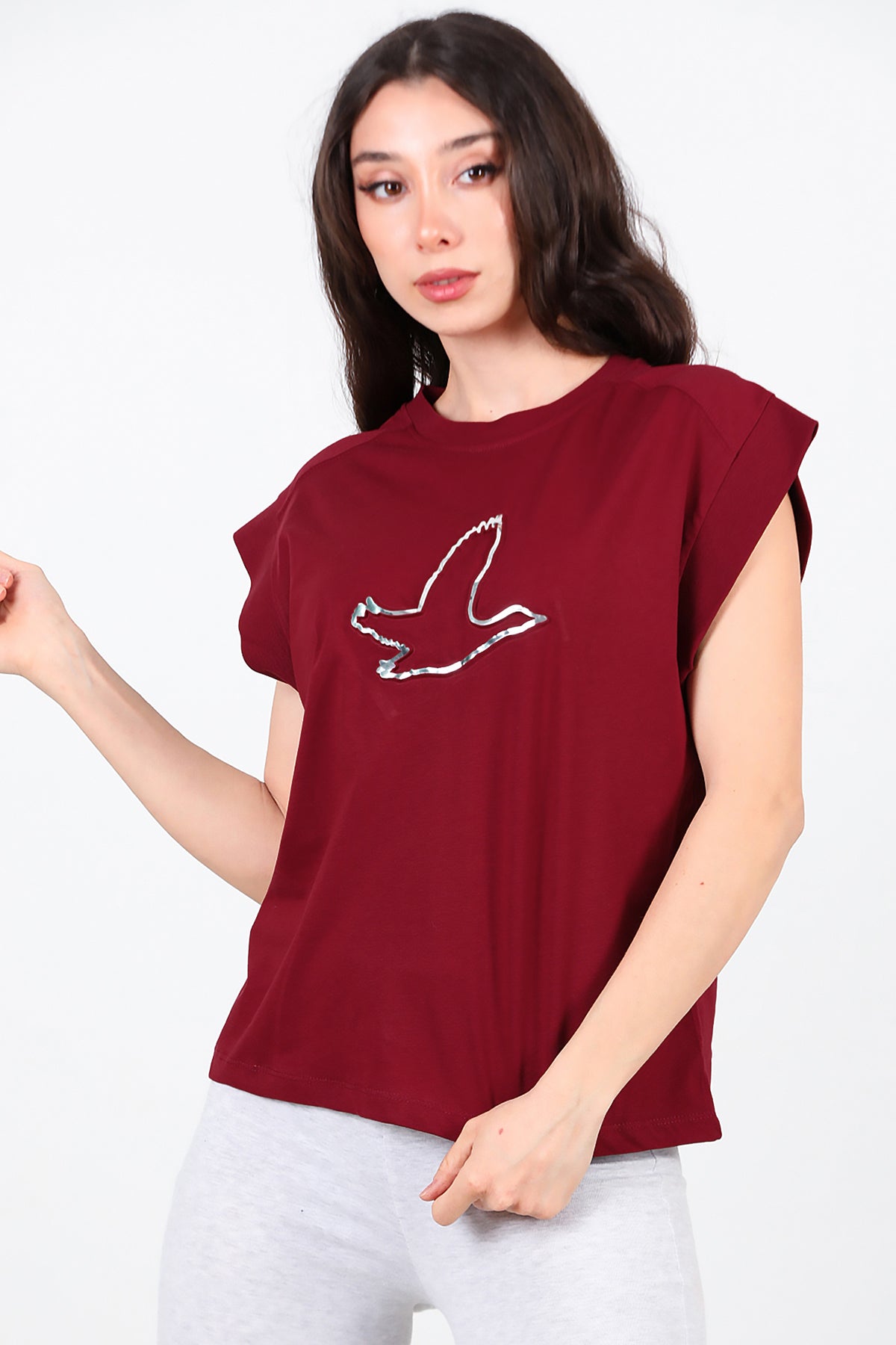 Kadın Baskılı Kolsuz Bluz Bordo