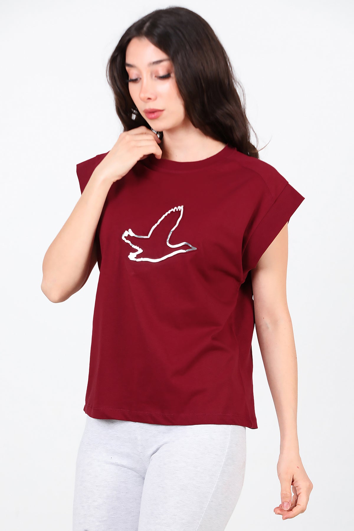 Kadın Baskılı Kolsuz Bluz Bordo