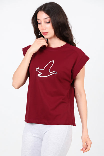 Kadın Baskılı Kolsuz Bluz Bordo
