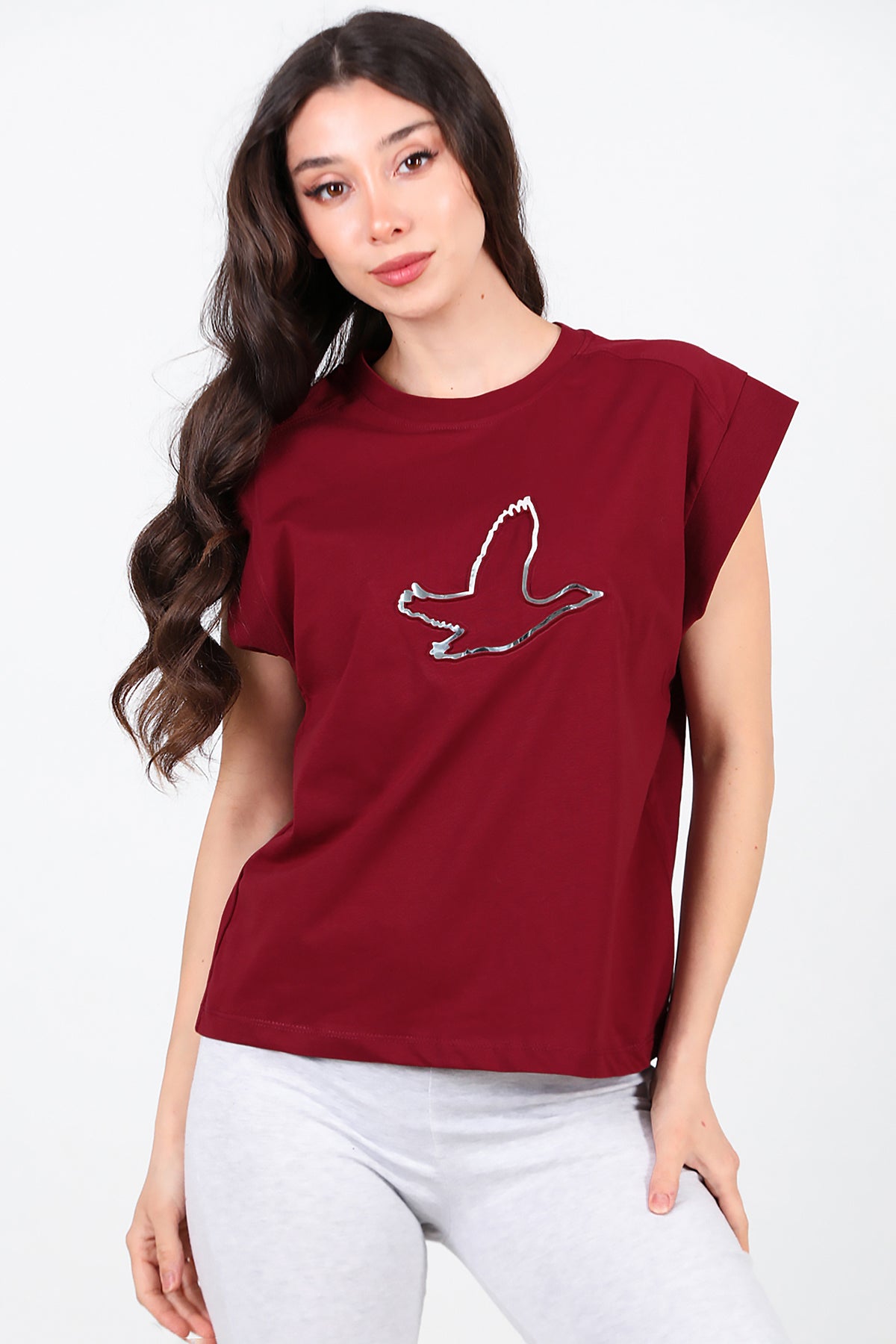 Kadın Baskılı Kolsuz Bluz Bordo
