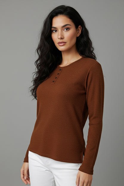 Büyük Beden Önü Düğmeli Triko Bluz Kahverengi