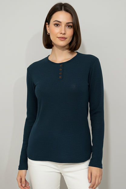 Büyük Beden Önü Düğmeli Triko Bluz Petrol