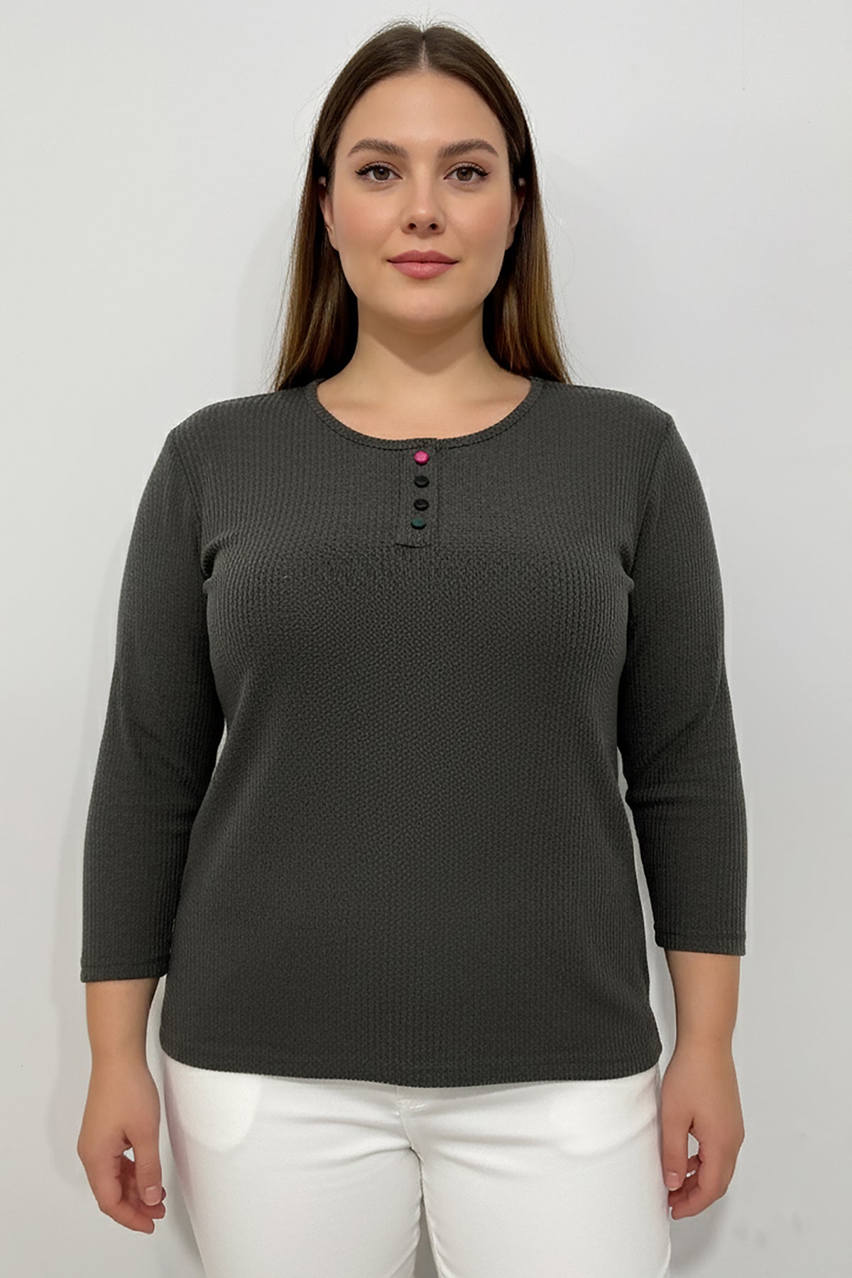 Büyük Beden Önü Renkli Düğmeli Triko Bluz Haki