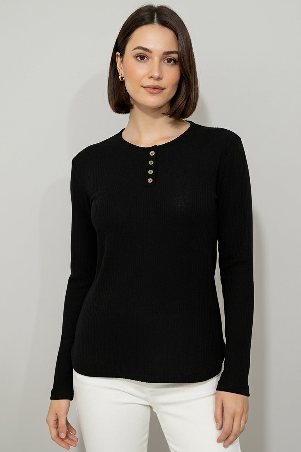 Büyük Beden Önü Renkli Düğmeli Triko Bluz Siyah