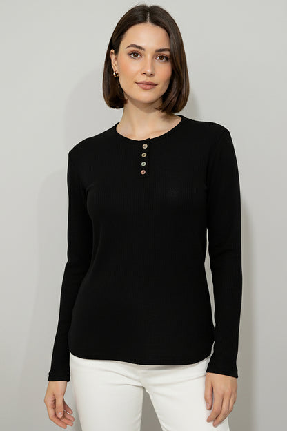 Büyük Beden Önü Renkli Düğmeli Triko Bluz Siyah