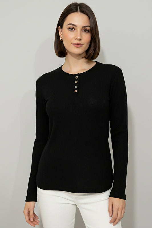 Büyük Beden Önü Renkli Düğmeli Triko Bluz Siyah