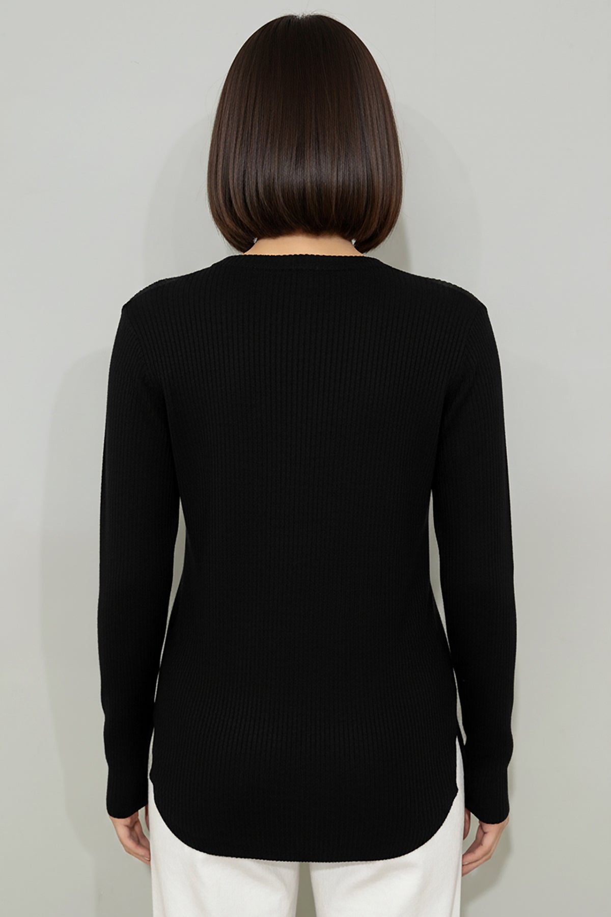 Büyük Beden Önü Renkli Düğmeli Triko Bluz Siyah