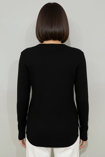 Büyük Beden Önü Renkli Düğmeli Triko Bluz Siyah