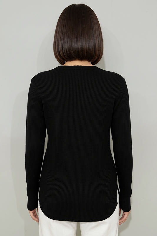 Büyük Beden Önü Renkli Düğmeli Triko Bluz Siyah