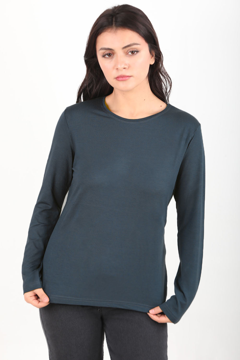 Softwear Kadın Bisiklet Yaka Uzun Kol Penye Bluz Füme