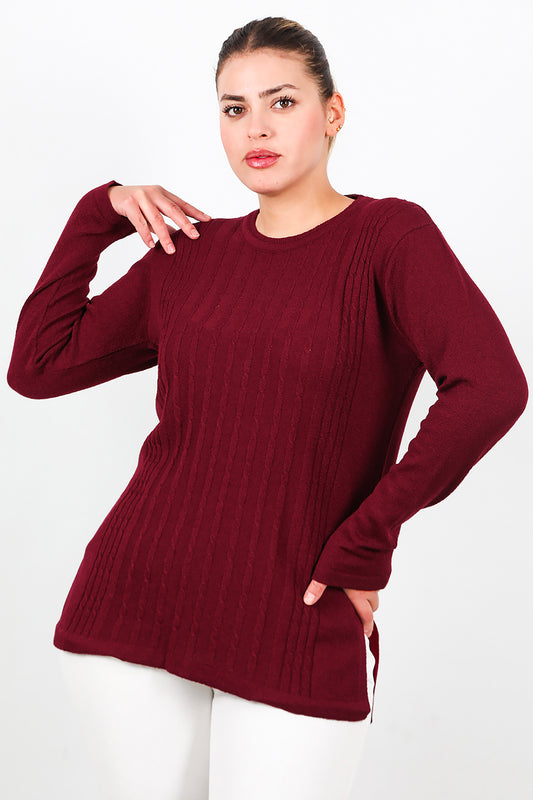 Büyük Beden Bisiklet Yaka Triko Bluz Bordo