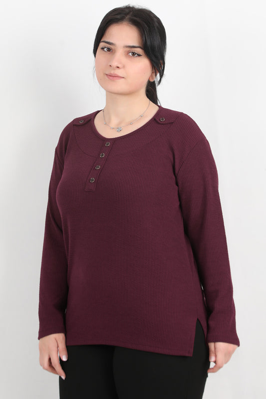 Refina Büyük Beden Önü Ve Yaka Düğmeli Bluz Bordo