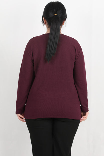 Refina Büyük Beden Önü Ve Yaka Düğmeli Bluz Bordo