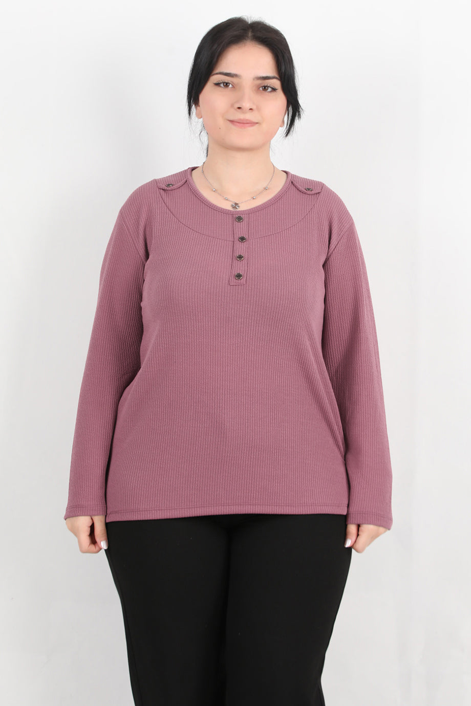 Refina Büyük Beden Önü Ve Yaka Düğmeli Bluz Gül Kurusu
