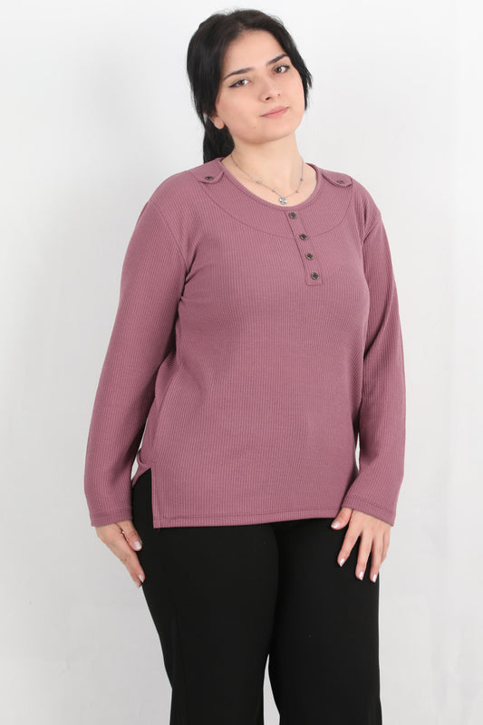 Refina Büyük Beden Önü Ve Yaka Düğmeli Bluz Gül Kurusu