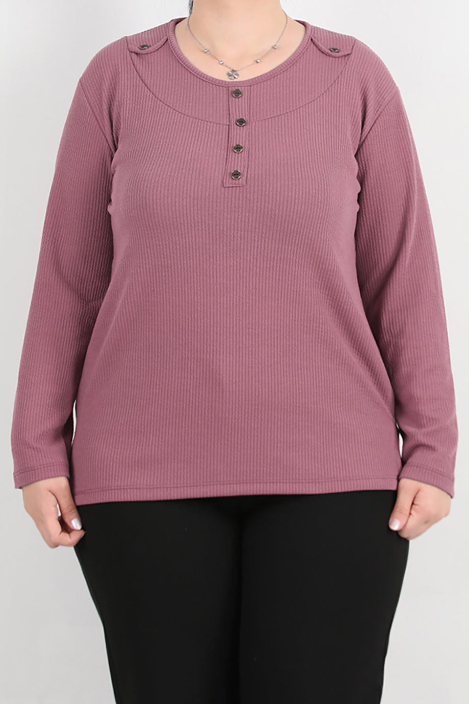 Refina Büyük Beden Önü Ve Yaka Düğmeli Bluz Gül Kurusu