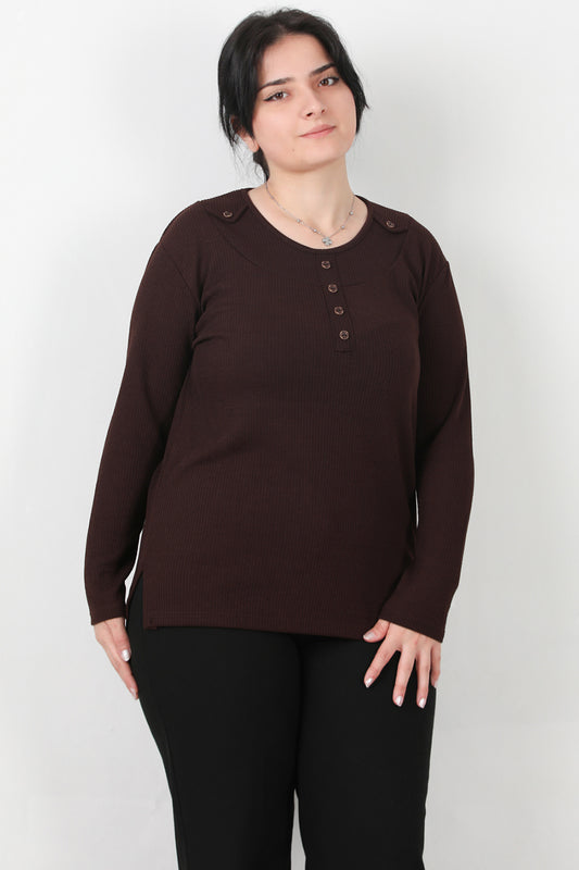 Refina Büyük Beden Önü Ve Yaka Düğmeli Bluz Kahverengi