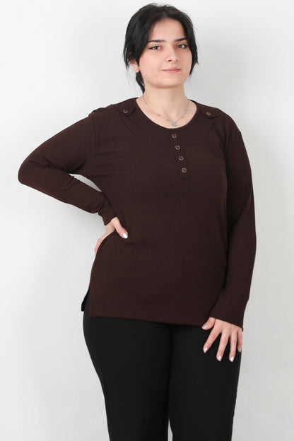 Refina Büyük Beden Önü Ve Yaka Düğmeli Bluz Kahverengi