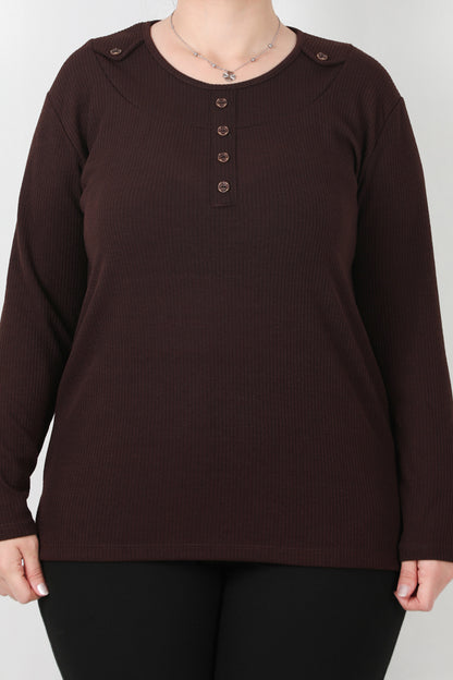 Refina Büyük Beden Önü Ve Yaka Düğmeli Bluz Kahverengi