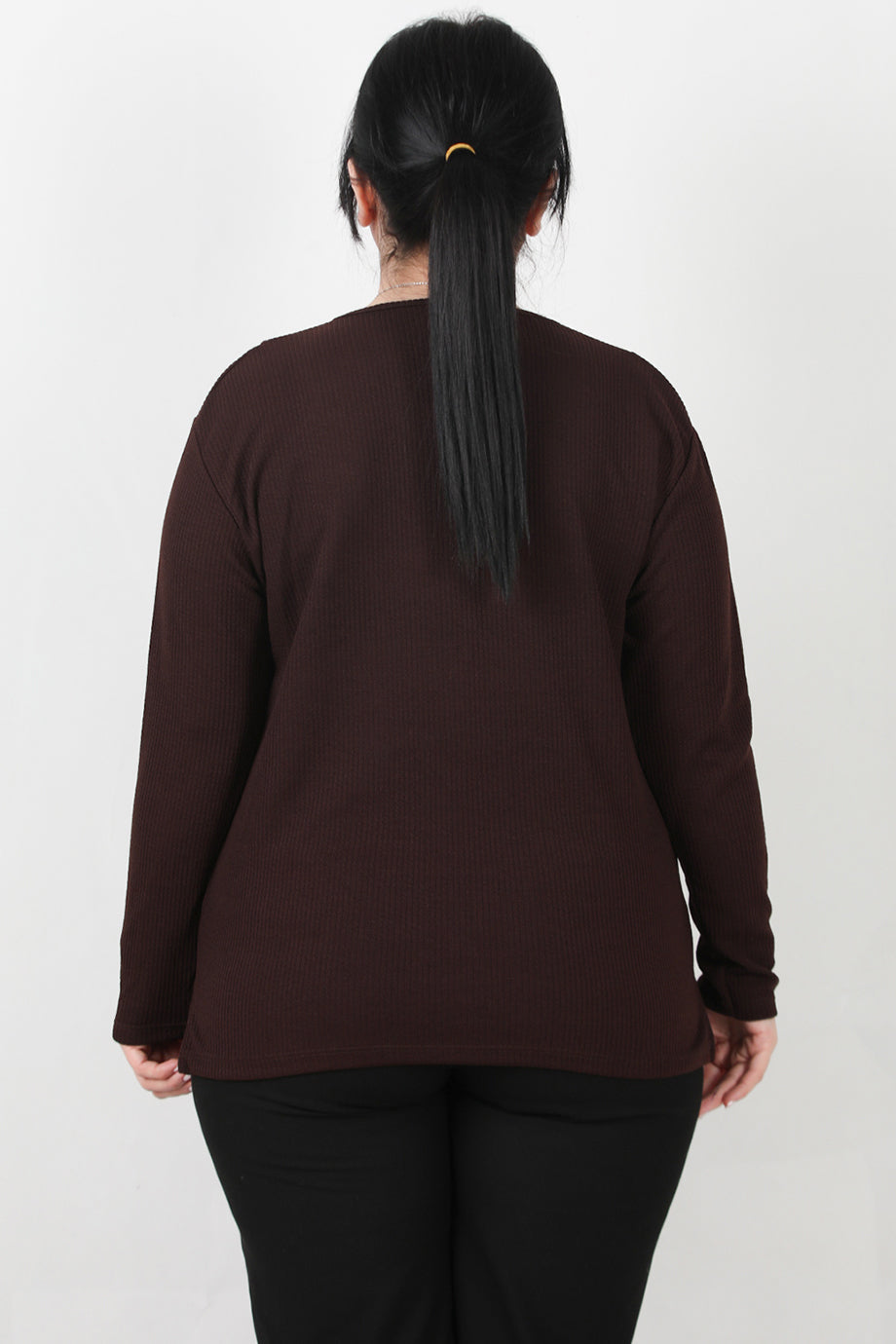 Refina Büyük Beden Önü Ve Yaka Düğmeli Bluz Kahverengi