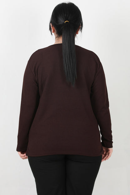 Refina Büyük Beden Önü Ve Yaka Düğmeli Bluz Kahverengi