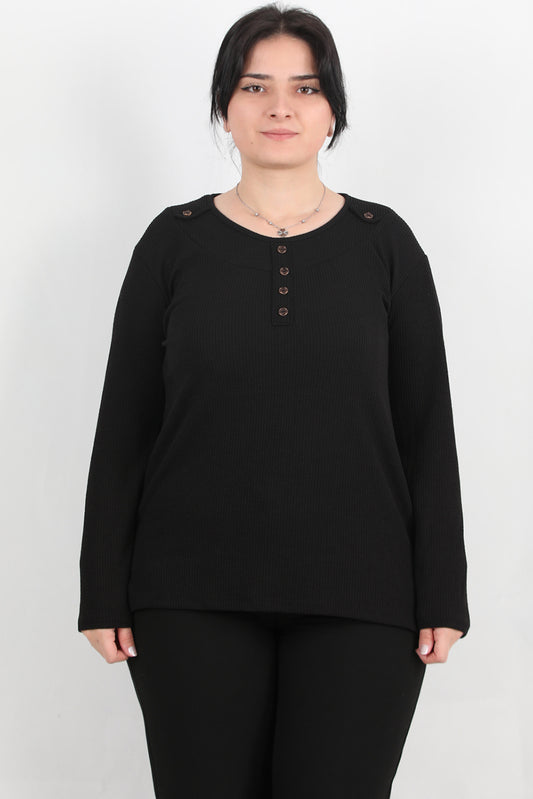 Refina Büyük Beden Önü Ve Yaka Düğmeli Bluz Siyah