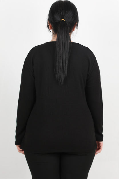 Refina Büyük Beden Önü Ve Yaka Düğmeli Bluz Siyah