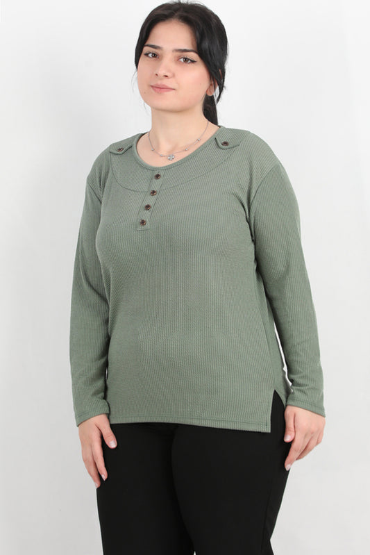 Refina Büyük Beden Önü Ve Yaka Düğmeli Bluz Yeşil