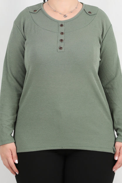 Refina Büyük Beden Önü Ve Yaka Düğmeli Bluz Yeşil