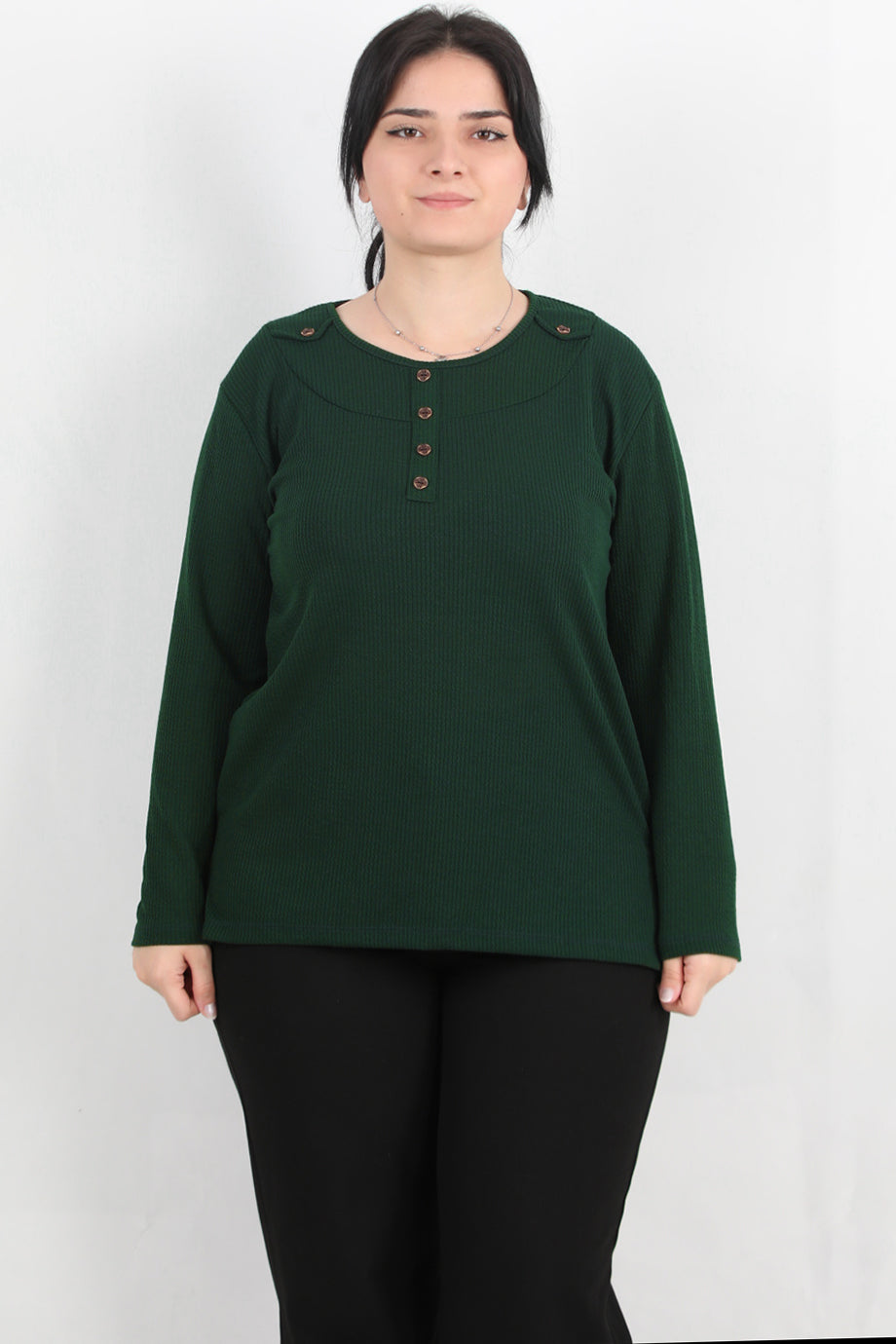 Refina Büyük Beden Önü Ve Yaka Düğmeli Bluz Zümrüt