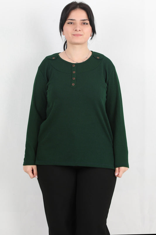 Refina Büyük Beden Önü Ve Yaka Düğmeli Bluz Zümrüt