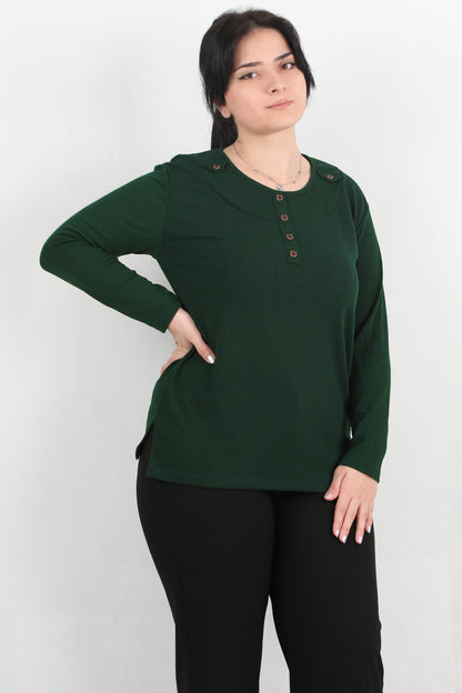 Refina Büyük Beden Önü Ve Yaka Düğmeli Bluz Zümrüt