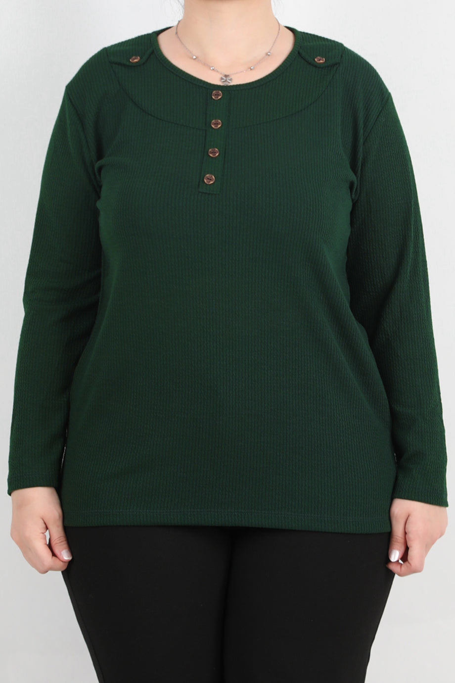 Refina Büyük Beden Önü Ve Yaka Düğmeli Bluz Zümrüt
