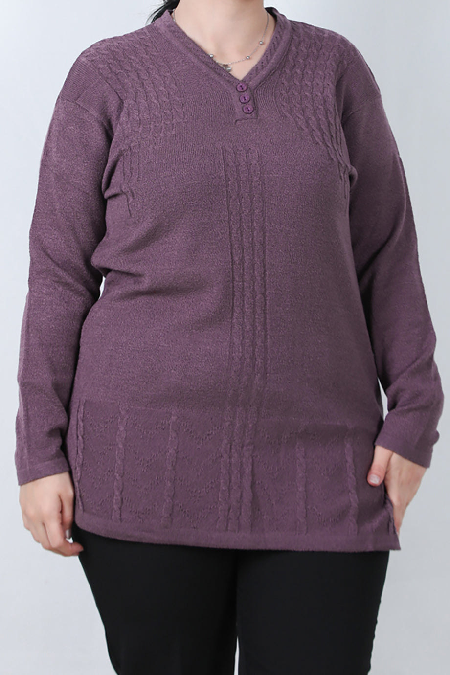 Curvyn Büyük Beden V Yaka 3 Düğmeli Bluz Açık Mor
