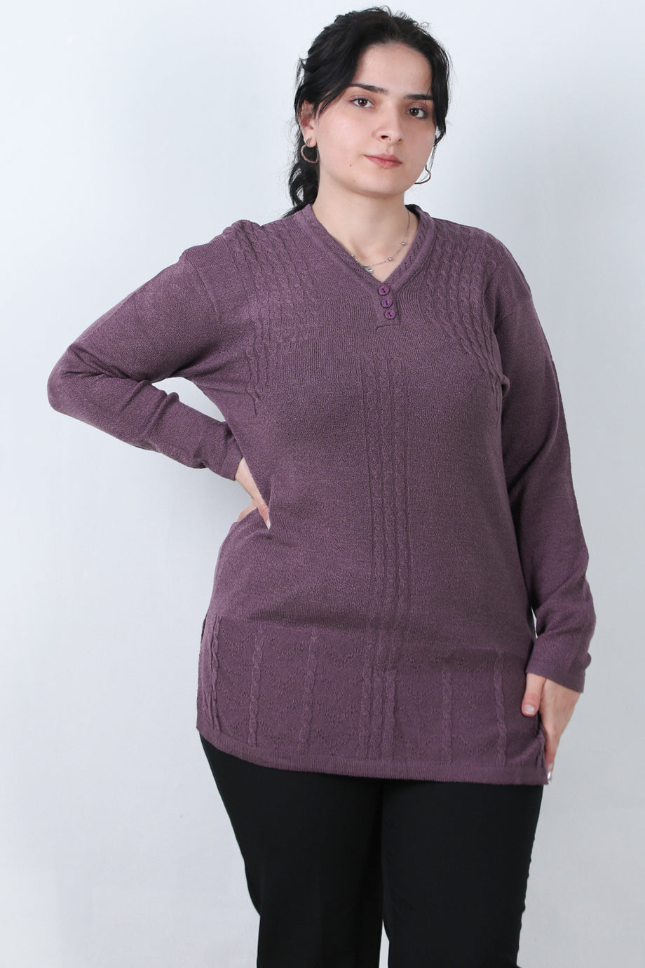 Curvyn Büyük Beden V Yaka 3 Düğmeli Bluz Açık Mor
