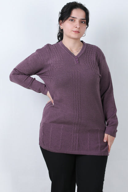 Curvyn Büyük Beden V Yaka 3 Düğmeli Bluz Açık Mor
