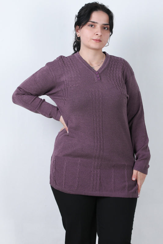 Curvyn Büyük Beden V Yaka 3 Düğmeli Bluz Açık Mor