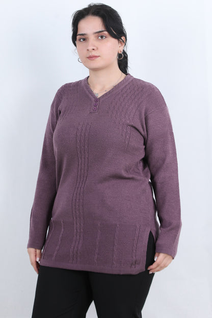 Curvyn Büyük Beden V Yaka 3 Düğmeli Bluz Açık Mor